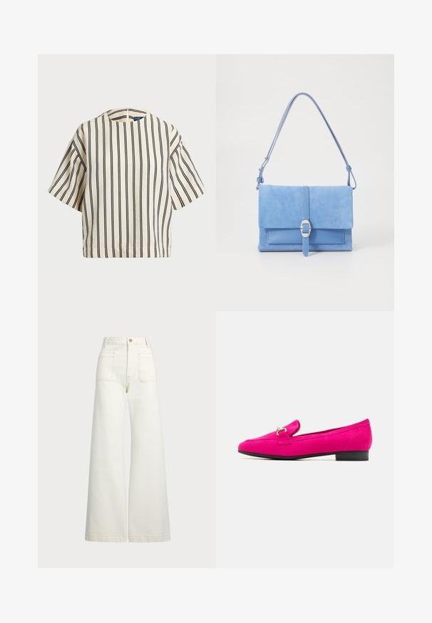 Short-sleeve, striped top in cream and navy, featuring a round neckline and boxy design with a textured fabric.; Wide-leg jeans in off-white denim. High-waisted design with a button closure, two front pockets, and contrast stitching details.; Fuchsia suede loafers with a flat black heel, featuring a decorative strap and small buckle detail. Smooth texture and sleek silhouette.; Blue suede handbag with a smooth leather base, fold-over flap, silver buckle detail, and a long adjustable strap.