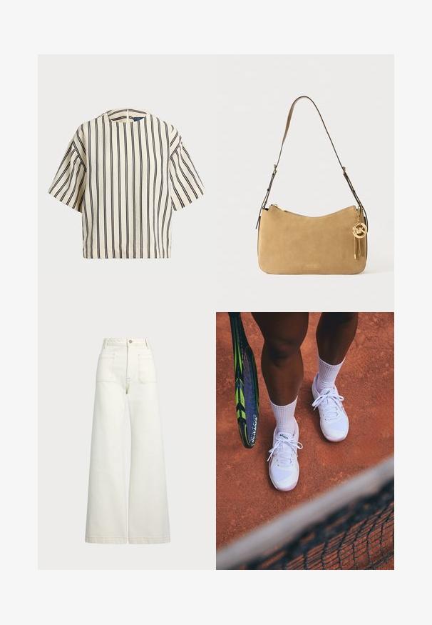 Krátký rukáv, pruhované tričko ve krémové a námořnické barvě, s kulatým výstřihem a širokým střihem z texturovaného materiálu.; Džíny s širokými nohavicemi v off-white denim. Vysoký pas s knoflíkovým zapínáním, dvě přední kapsy a detaily kontrastního šití.; Bílé tenisové boty s síťovinovými panely a růžovými akcenty, spárované s bílými ponožkami, umístěné na hlinitém kurtu s tenisovou raketou poblíž.; Kabelka na rameno z hladké semišové kůže v tělové barvě, s zakřiveným tvarem, zlatými kovovými detaily a zipovým uzávěrem. Obsahuje připevněný přívěsek s iniciály "MK."