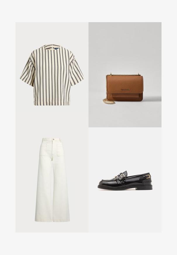 Rövid ujjú, csíkos felső krém és tengerészkék színben, kerek nyakkivágással és dobozos fazonnal, texturált anyagból.; Széles szárú farmernadrág off-white denim anyagból. Magas derekú dizájn, gombos záródással, két elülső zsebbel és kontrasztos varrási részletekkel.; sandro Belebújós cipők - noir; Barna textúrájú bőr keresztbody táska arany lánc pánttal és fedélzárral. Az elején logó részlet és egy zseb található a fedél alatt.