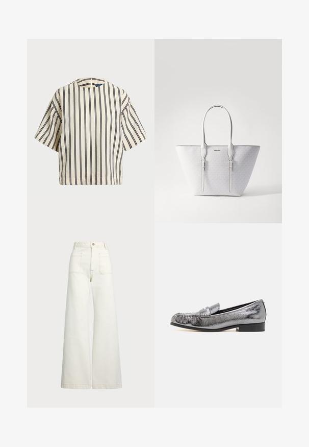 T-shirt à manches courtes, rayé crème et marine, présentant un col rond et un design boxy avec un tissu texturé.; Jeans large en denim écru. Design taille haute avec une fermeture à bouton, deux poches avant et des détails de surpiqûres contrastantes.; Mocassin en cuir argent métallisé avec une finition texturée, doté d'un détail en frange et d'un petit talon noir. Forme classique et épurée.; Sac fourre-tout avec un motif monogramme blanc, texture lisse et quincaillerie argentée. Il est doté de deux poignées robustes et d'une forme effilée.