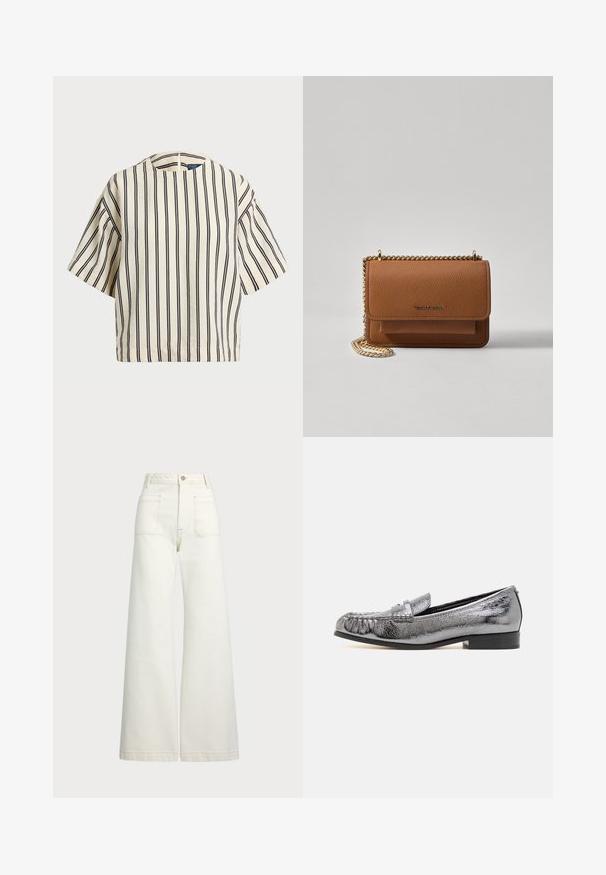 Rövid ujjú, csíkos felső krém és tengerészkék színben, kerek nyakkivágással és dobozos fazonnal, texturált anyagból.; Széles szárú farmernadrág off-white denim anyagból. Magas derekú dizájn, gombos záródással, két elülső zsebbel és kontrasztos varrási részletekkel.; Fémes ezüst bőrcipő, texturált felülettel, frufru részlettel és alacsony fekete sarokkal. Klasszikus és letisztult forma.; Barna textúrájú bőr keresztbody táska arany lánc pánttal és fedélzárral. Az elején logó részlet és egy zseb található a fedél alatt.