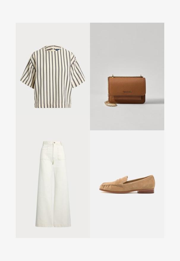 T-skjorte med korte ermer, stripet i kremfarge og marineblå, med rund hals og en boxy design i en strukturert stoff.; Vidde bukser i off-white denim. Høyt liv-design med knappelukking, to frontlommer og kontrastsøm detaljer.; Suede loafers i lys beige med avrundet tå, frontrem accents og lav trehæl. Glatt tekstur og minimale søm detaljer.; Brun teksturert lær crossover-veske med gullkjede-stropp og klaffelukking. Fronten har logo-detalj og en lomme under klaffen.
