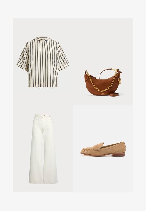 Kortærmet, stribet top i creme og marineblå, med rund halsudskæring og boxy design i et tekstureret stof.; Pæne brede jeans i off-white denim. Høj talje med knaplukning, to forlommer og detaljer med kontrastsyning.; Suede loafers i lys beige med en rund tå, frontrem dekor og en lav træhælt. Glat tekstur og minimale syninger.; Brun læderhandtaske med et buet design, guld kædestropp, indvendig lomme og en aftagelig skulderrem. Har kontrastsyning.