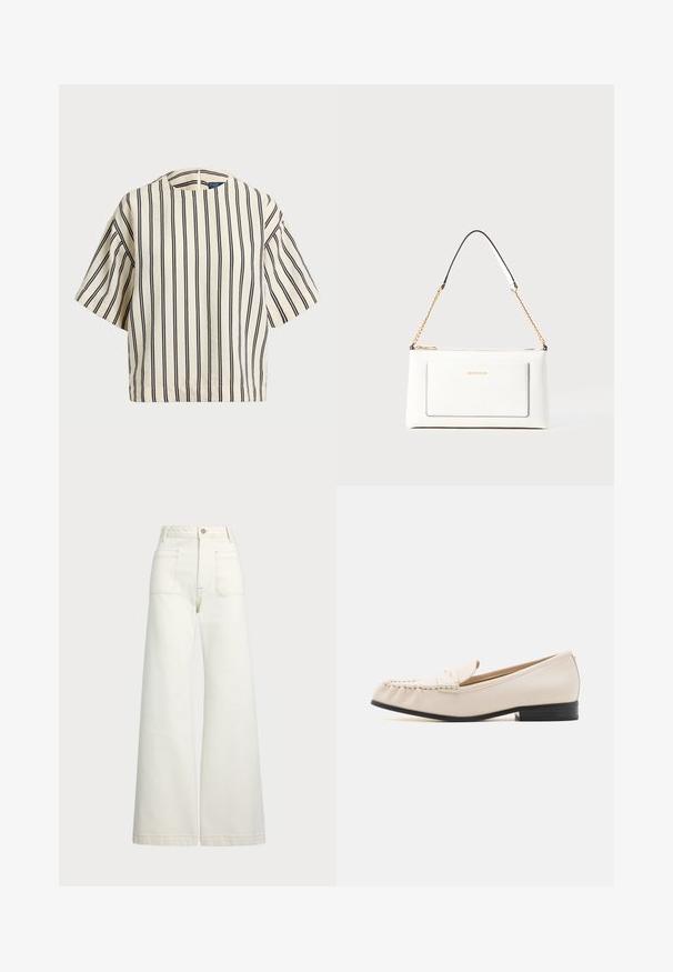 Korte mouwen, gestreepte top in crème en marineblauw, met een ronde halslijn en een boxy ontwerp van een textuurstof.; Wijd-zit jeans van off-white denim. Hooggaande taille met een knoopsluiting, twee voorzakken en contrasterende stikdetails.; MICHAEL Michael Kors CARLSON LOAFER - Instappers - light cream; Witte leren handtas met een textuurafwerking, voorzien van een gouden schouderhengsel en zwarte accenten. Inclusief een voorvak en ritssluiting.