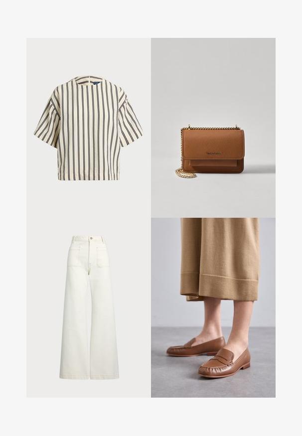 Kreminės ir tamsiai mėlynos juostelės trumpų rankovių marškinėliai, turi apvalų iškirpimą ir dėžutės tipo dizainą, pagaminti iš tekstūruotos medžiagos.; Plati kojinės džinsai of white denimo. Aukštas liemuo, su mygtuko uždarymu, dviem priekinėmis kišenėmis ir kontrastingai siuvinėjimu.; MICHAEL Michael Kors CARLSON LOAFER - Įmautiniai batai - brown; Ruda tekstūruota odinė per petį nešama rankinė su auksiniu grandininiu dirželiu ir užlenkiamo užsegimo. Priekinėje pusėje yra logotipo detalė ir kišenė po užlenkimu.