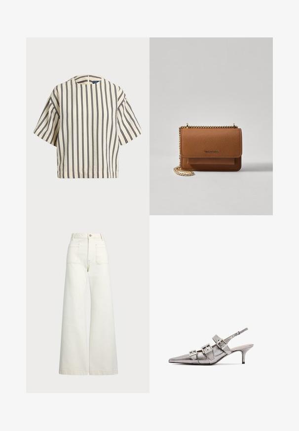 Top de manga curta, riscado em creme e azul marinho, com decote redondo e design boxy em tecido texturizado.; Jeans de perna larga em denim off-white. Design de cintura alta com fecho de botão, dois bolsos frontais e detalhes de costura em contraste.; Sandal metálica prateada com salto alto e bico fino, apresentando três tiras largas e fivelas quadradas metálicas. Textura brilhante e salto fino.; Bolsa crossbody de couro texturizado castanho com alça de corrente dourada e fecho com aba. A parte da frente apresenta detalhe do logótipo e um bolso sob a aba.