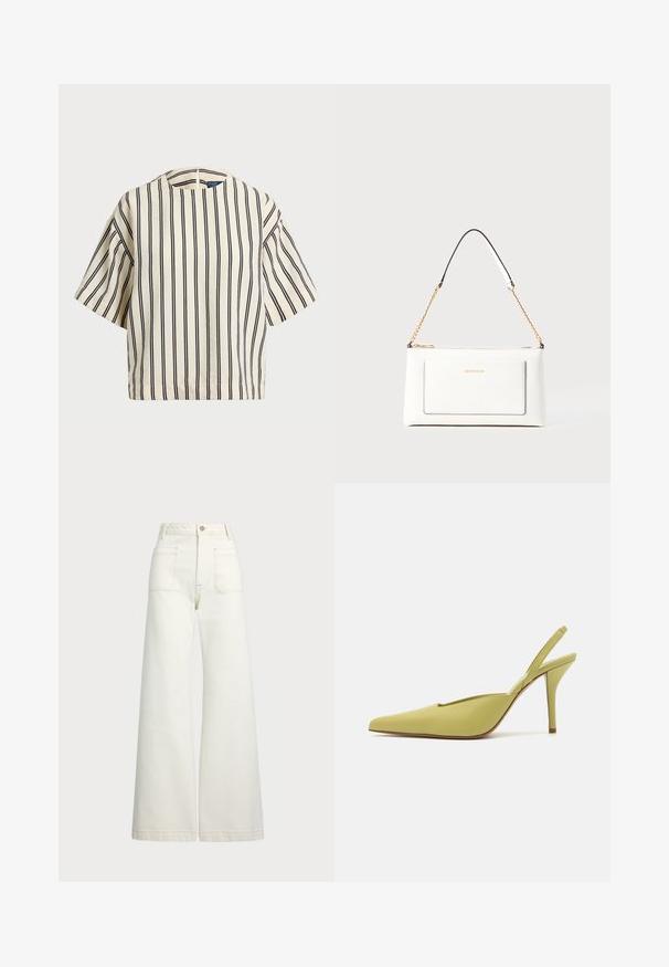Korte mouwen, gestreepte top in crème en marineblauw, met een ronde halslijn en een boxy ontwerp van een textuurstof.; Wijd-zit jeans van off-white denim. Hooggaande taille met een knoopsluiting, twee voorzakken en contrasterende stikdetails.; GIABORGHINI OCTAVIE - Hoge hakken - green; Witte leren handtas met een textuurafwerking, voorzien van een gouden schouderhengsel en zwarte accenten. Inclusief een voorvak en ritssluiting.