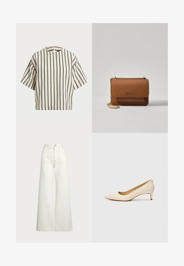 Kurzärmliges, gestreiftes Oberteil in Creme und Marineblau, mit rundem Halsausschnitt und kastiger Form aus strukturiertem Stoff.; Weite Jeans aus off-white Denim. Hoch tailliertes Design mit Knopfverschluss, zwei Fronttaschen und kontrastierenden Stickdetails.; Beige spitze Pumps aus glattem Synthetikmaterial, mit niedrigem Absatz und einem rutschfesten Design mit einem dezenten Rückendetail.; Braune strukturierte Ledertasche mit goldener Kettenriemen und Klappenverschluss. Die Vorderseite zeigt ein Logo-Detail und eine Tasche unter der Klappe.