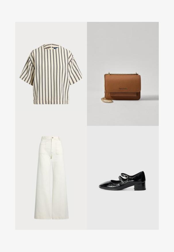 T-skjorte med korte ermer, stripet i kremfarge og marineblå, med rund hals og en boxy design i en strukturert stoff.; Vidde bukser i off-white denim. Høyt liv-design med knappelukking, to frontlommer og kontrastsøm detaljer.; Sorte patentlær Mary Jane-sko med spiss tå, to justerbare reimer med sirkulært beslag og en lav blokkheel.; Brun teksturert lær crossover-veske med gullkjede-stropp og klaffelukking. Fronten har logo-detalj og en lomme under klaffen.