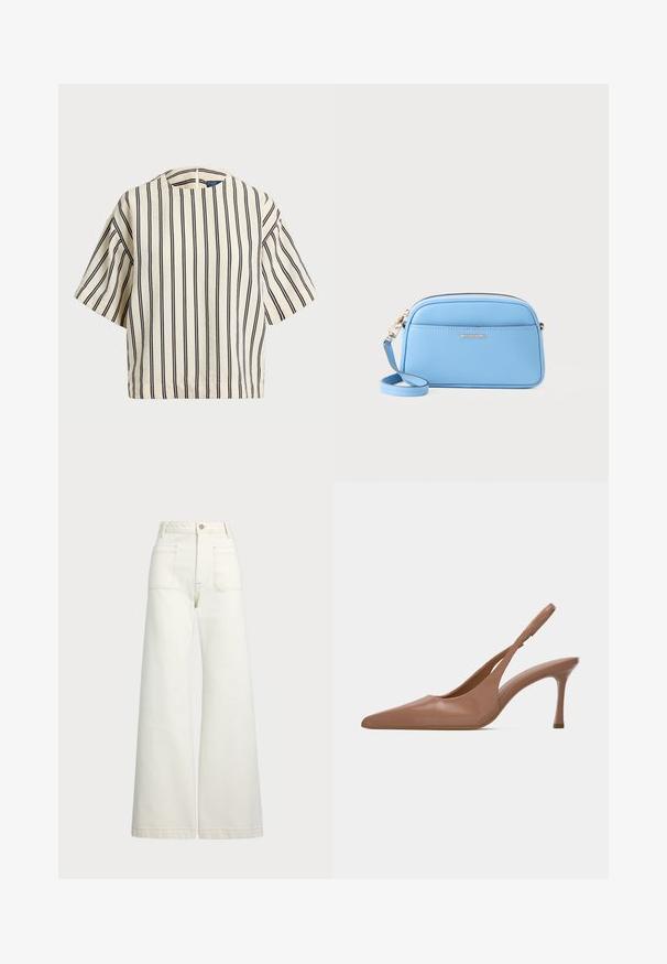 Rövid ujjú, csíkos felső krém és tengerészkék színben, kerek nyakkivágással és dobozos fazonnal, texturált anyagból.; Széles szárú farmernadrág off-white denim anyagból. Magas derekú dizájn, gombos záródással, két elülső zsebbel és kontrasztos varrási részletekkel.; Fényes barna, hegyes orrú slingback magassarkú cipő, közép magasságú stiletto sarkával, havas fehér háttérrel.; Világoskék bőr keresztpántos táska aranyszínű fémszerelvényekkel, cipzáras záródással és elülső zsebbel. Állítható pánttal rendelkezik a kényelmes viselet érdekében.