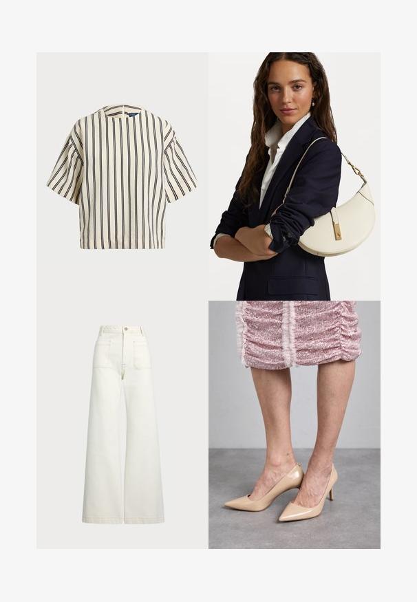 Kurzärmliges, gestreiftes Oberteil in Creme und Marineblau, mit rundem Halsausschnitt und kastiger Form aus strukturiertem Stoff.; Weite Jeans aus off-white Denim. Hoch tailliertes Design mit Knopfverschluss, zwei Fronttaschen und kontrastierenden Stickdetails.; Beige Lackleder-Pumps mit spitzem Zehenbereich und schmalem Absatz. Glatte Textur mit elegantem Design. Getragen zu einem pinken Paillettenkleid.; Weißes Lederhandtasche mit geschwungener Form, goldenen Beschlägen und strukturiertem Finish, getragen über einem dunklen Blazer und einem weißen Hemd.