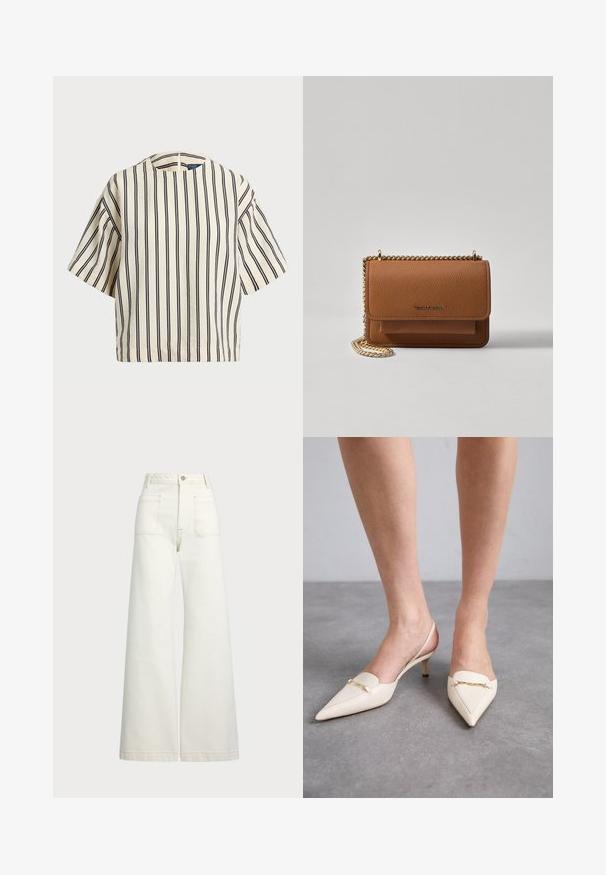 Kreklus, svītrainā blūze ar īsām piedurknēm, krēmkrāsā un tumši zilā tonī, ar apaļu apkakli un kvadrātveida dizainu, izgatavota no teksturētas auduma.; Platās kājas džinsi off-white denima. Augsta jostasvieta ar pogu aizdari, divas priekšējās kabatas un kontrastējošas šuvju detaļas.; Kremkrāsas, norādīta pirksta slinga papēži ar smalku vidējo papēdi, kas rotāti ar zelta ķēdes akcentu uz virsmas un gludu ādas tekstūru.; Brūna teksturēta ādas plecu soma ar zelta ķēdes siksnu un atloka aizdari. Priekšpusē ir logotipa detaļa un kabata zem atloka.