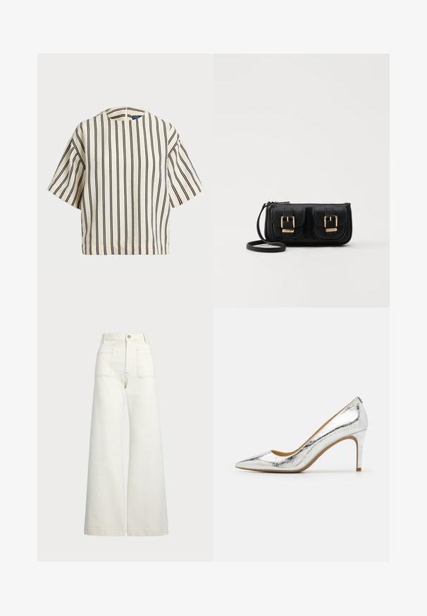 Top de manga corta a rayas en crema y azul marino, con cuello redondo y un diseño cuadrado, confeccionado en una tela texturizada.; Jeans de pierna ancha en denim color blanco roto. Diseño de cintura alta con cierre de botón, dos bolsillos frontales y detalles de costura en contraste.; Zapato de tacón alto en tono plateado metálico, con punta afilada y una textura lisa, tacón de 10 cm y un sutil patrón de plisado en la superficie.; Bolso cruzado de cuero negro con dos bolsillos frontales, hebillas doradas, cierre de cremallera y una correa delgada. Superficie texturizada y forma rectangular compacta.