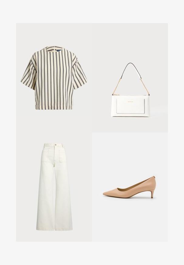 Krátky rukáv, pruhovaný top v krémovej a námorníckej modrej farbe, s okrúhlym výstrihom a štvorcovým strihom z texturovanej tkaniny.; Džínsy s širšími nohavicami v off-white denim. Vysoký pás s gombíkovým zapínaním, dve predné vrecká a kontrastné švy.; Lodičkové topánky s špicatou špičkou v svetlej béžovej koži, s nízkym podpätkom, hladkým povrchom a minimalistickým dizajnom s jemným detailom na zadnej strane.; Biele kožené kabelka s textúrovaným povrchom, ktorá má zlatý retiazkový popruh a čierne akcenty. Obsahuje prednú kapsu a zipsové zapínanie.