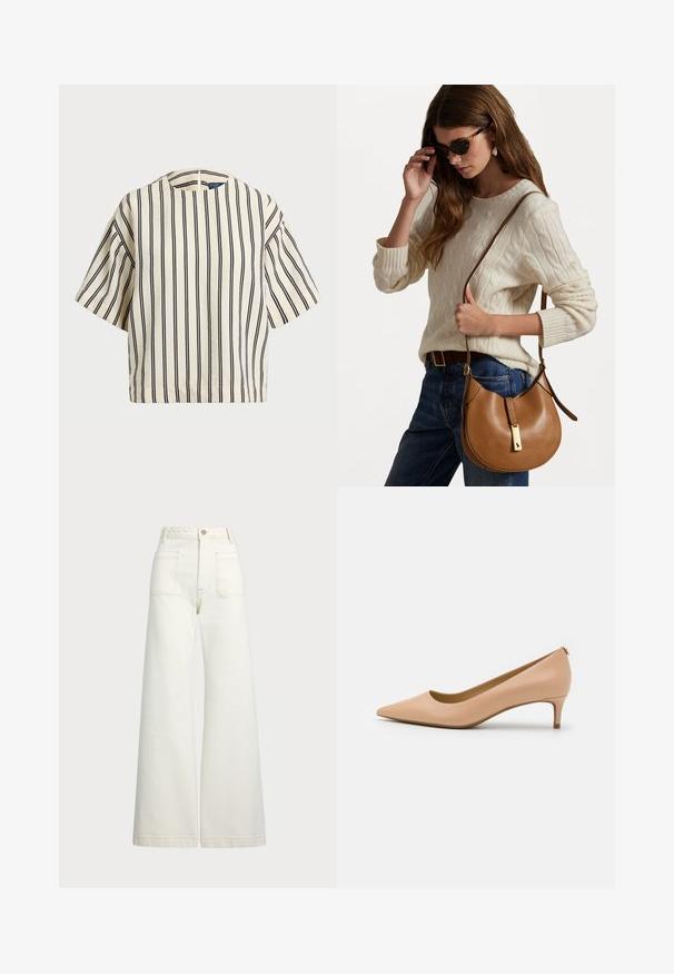 Top de manga curta, riscado em creme e azul marinho, com decote redondo e design boxy em tecido texturizado.; Jeans de perna larga em denim off-white. Design de cintura alta com fecho de botão, dois bolsos frontais e detalhes de costura em contraste.; Sapato de salto agulha em couro bege claro, com um salto baixo, superfície lisa e design minimalista com um discreto detalhe na parte de trás.; Bolsa de ombro castanha em couro com um formato curvo e detalhes em metal dourado. O modelo veste um suéter de malha com padrão de corda em tom creme e jeans azuis.