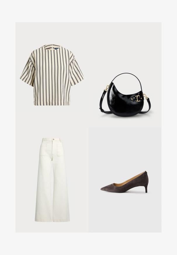 Lyhythihainen, raidallinen paita kirkas- ja tummansinisen sävyissä, jossa on pyöreä pääntie ja laatikkomainen muotoilu tekstuuritetussa kankaassa.; Reisitaskuhousut vaaleanvalkoisesta denimestä. Korkea vyötärö, napitus, kaksi etutaskua ja kontrastiväriset ompeleet.; Tummanruskea mokkanahasta valmistettu kapea kärki matalakorkoinen saapas, jossa on ohut korko ja sileä vaaleanruskea sisävuori, esitetty sivuprofiilista neutraalilla taustalla.; Musta patentoitu nahkalaukku, jossa on kaareva muoto, säädettävä olkahihna ja kultasävyinen koristeosa kyljessä. Tasainen, kiiltävä pinta.