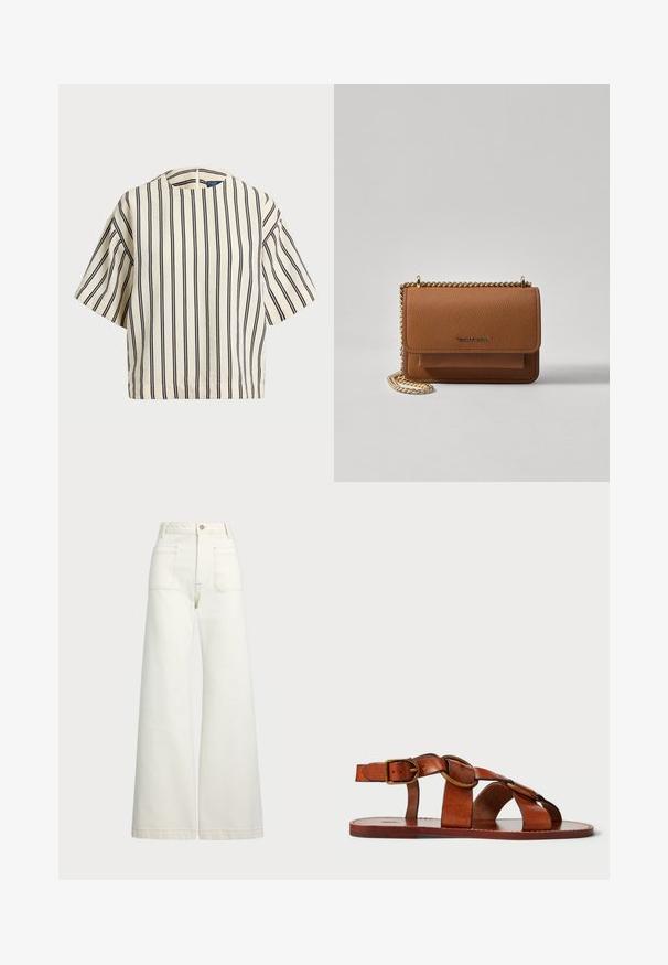 Kreemjas ja tumesinises triibuline lühikeste varrukatega top, millel on ümmargune kaelus ja kastmine disain, valmistatud tekstuurses kangas.; Laiad teksad heledast denimist. Kõrge vöökoht, nööbivöö, kaks esikotitäit ja kontrastsed õmblused.; Pruunist nahast sandaalid, horisontaalsete ja ringikujuliste rihmade disainiga, lame tald ning metallist kinnitusega, näidates siledat tekstuuri.; Pruun tekstureeritud nahk ristkeha kott kuldse ahelaga rihmaga ja klapiga sulgemine. Esiküljel on logo detail ja tasku klapi all.