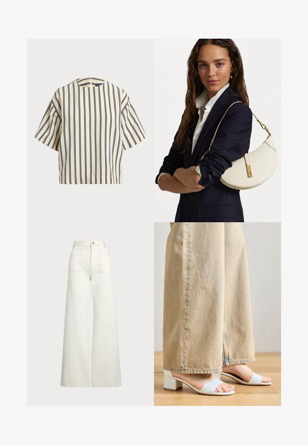 Rövid ujjú, csíkos felső krém és tengerészkék színben, kerek nyakkivágással és dobozos fazonnal, texturált anyagból.; Széles szárú farmernadrág off-white denim anyagból. Magas derekú dizájn, gombos záródással, két elülső zsebbel és kontrasztos varrási részletekkel.; Világoskék, blokk sarkú szandál két széles pánttal. Bézs széles szárú nadrággal viselve, amely bemutatja a cipő dizájnját az anyag textúráján.; Fehér bőr táska ívelt formával, arany kiegészítőkkel és texturált felülettel, sötét zakó és fehér ing fölött viselve.