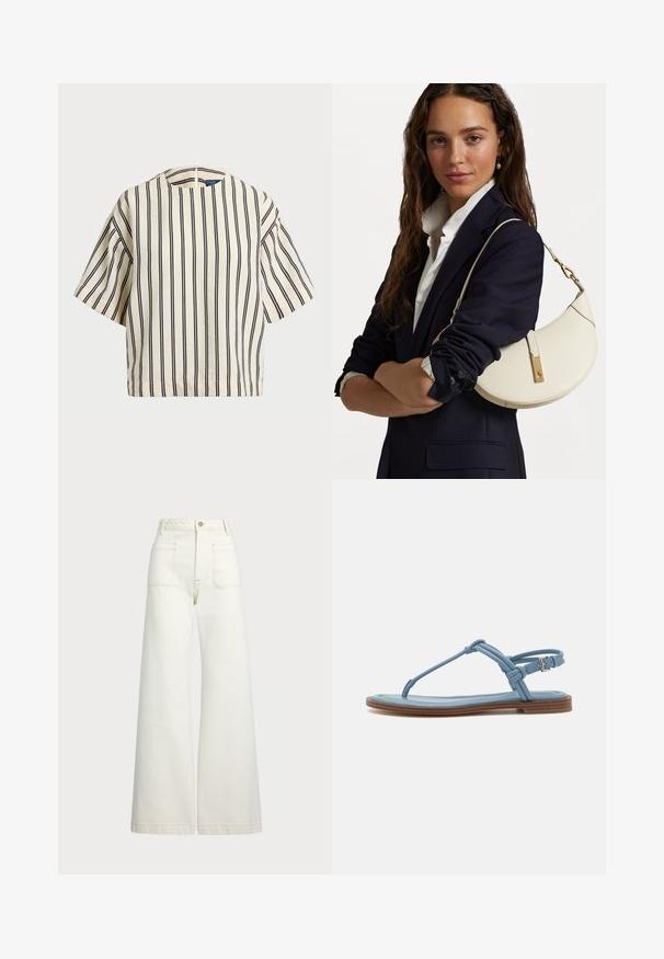 Short-sleeve, striped top in cream and navy, featuring a round neckline and boxy design with a textured fabric.; Wide-leg jeans in off-white denim. High-waisted design with a button closure, two front pockets, and contrast stitching details.; Blue leather thong sandal with a flat sole, featuring a slim strap design and a buckle closure at the ankle for secure fit.; White leather handbag with a curved shape, gold hardware, and a textured finish, worn over a dark blazer and white shirt.