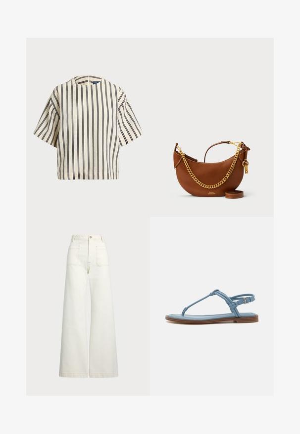 Cămașă cu mâneci scurte, cu dungi în nuanțe de crem și bleumarin, având un decolteu rotund și un design dreptunghiular dintr-un material texturat.; Jeans cu picioare late din denim alb-crem. Design cu talie înaltă, cu închidere prin nasture, două buzunare frontale și detalii cu cusături contrastante.; Sandalie de lemn cu brâu subțire de piele albastră, cu talpă plată, prezentând un design elegant și un sistem de prindere cu cataramă la gleznă pentru o ajustare sigură.; Geantă de piele maro cu un design curbat, curea cu lanț auriu, buzunar interior și curea de umăr detașabilă. Dispune de cusături contrastante.