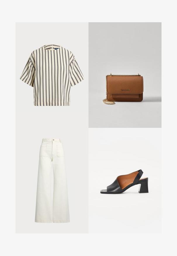 Lyhythihainen, raidallinen paita kirkas- ja tummansinisen sävyissä, jossa on pyöreä pääntie ja laatikkomainen muotoilu tekstuuritetussa kankaassa.; Reisitaskuhousut vaaleanvalkoisesta denimestä. Korkea vyötärö, napitus, kaksi etutaskua ja kontrastiväriset ompeleet.; Musta nahkainen avonainen sandaali, jossa on neliömäinen korko ja vaaleanruskea sisustus. Ominaisuuksiin kuuluu kaareva päällisen muotoilu ja kuvioitu pohja.; Ruskean teksturoidun nahkasta valmistettu crossbody-laukku, jossa on kultaketjuhihna ja läppäkiinnitys. Edessä on logodetail ja tasku läppäisen alla.