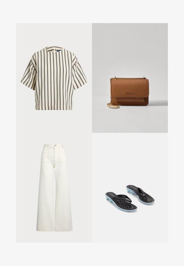 Kratki rukavi, prugasti top u krem i tamnoplavoj boji, sa okruglim izrezom i kutijastim dizajnom od teksturirane tkanine.; Široke traperice u boji krem-paleža. Visoki struk s kopčanjem na dugme, dva prednja džepa i kontrastni šavovi.; Crne i plave Puma sandale s niskim blok petama i thong trakama na bijeloj pozadini.; Smeđa kožna torba preko tijela s teksturom, zlatnim lančićem i preklopom na zatvaranju. Na prednjoj strani nalazi se detalj s potpisom i džep ispod preklopa.