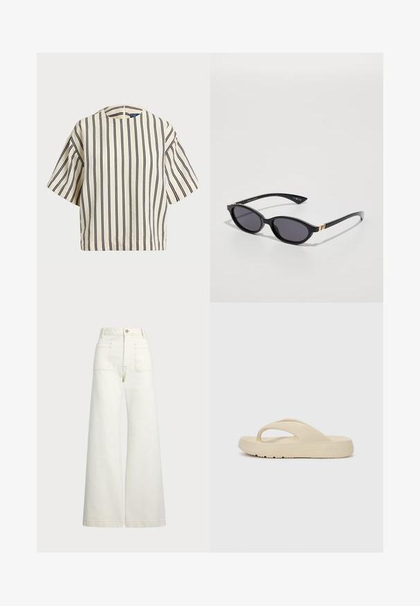 T-shirt à manches courtes, rayé crème et marine, présentant un col rond et un design boxy avec un tissu texturé.; Jeans large en denim écru. Design taille haute avec une fermeture à bouton, deux poches avant et des détails de surpiqûres contrastantes.; Sandales en caoutchouc couleur beige avec une lanière pour les orteils et une semelle épaisse avec un motif de traction. Marquées du logo Fila.; Lunettes de soleil noires avec des lentilles ovales, teinte dégradée foncée et branches fines accentuées par des touches d'or subtiles. Fini en plastique lisse.