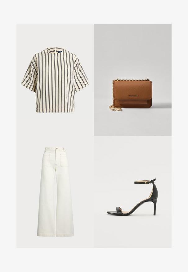 Rövid ujjú, csíkos felső krém és tengerészkék színben, kerek nyakkivágással és dobozos fazonnal, texturált anyagból.; Széles szárú farmernadrág off-white denim anyagból. Magas derekú dizájn, gombos záródással, két elülső zsebbel és kontrasztos varrási részletekkel.; Fekete bőr magassarkú szandál bokapánttal. Simább textúrájú, nyitott orrú és vékony sarkú. Arany színű csat részlet.; Barna textúrájú bőr keresztbody táska arany lánc pánttal és fedélzárral. Az elején logó részlet és egy zseb található a fedél alatt.