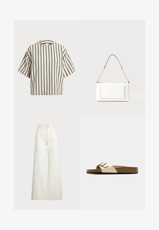 Short-sleeve, striped top in cream and navy, featuring a round neckline and boxy design with a textured fabric.; Wide-leg jeans in off-white denim. High-waisted design with a button closure, two front pockets, and contrast stitching details.; Slide sandal featuring a light metallic upper, cork footbed, and textured brown rubber sole. Buckle detail with logo accent.; White leather handbag with a textured finish, featuring a gold chain strap and black accents. Includes a front pocket and zipper closure.; Lauren Ralph Lauren BASIC SMALL HOOP - Earrings - gold-coloured