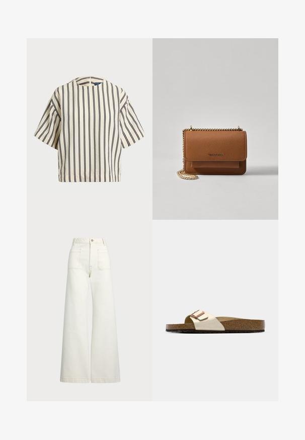 Lyhythihainen, raidallinen paita kirkas- ja tummansinisen sävyissä, jossa on pyöreä pääntie ja laatikkomainen muotoilu tekstuuritetussa kankaassa.; Reisitaskuhousut vaaleanvalkoisesta denimestä. Korkea vyötärö, napitus, kaksi etutaskua ja kontrastiväriset ompeleet.; Liukus sandalai su šviesiai metalizuota viršutine dalimi, kamščio padu ir tekstūruotu rudu guminio padu. Sagties detalė su logotipo akcentu.; Ruskean teksturoidun nahkasta valmistettu crossbody-laukku, jossa on kultaketjuhihna ja läppäkiinnitys. Edessä on logodetail ja tasku läppäisen alla.