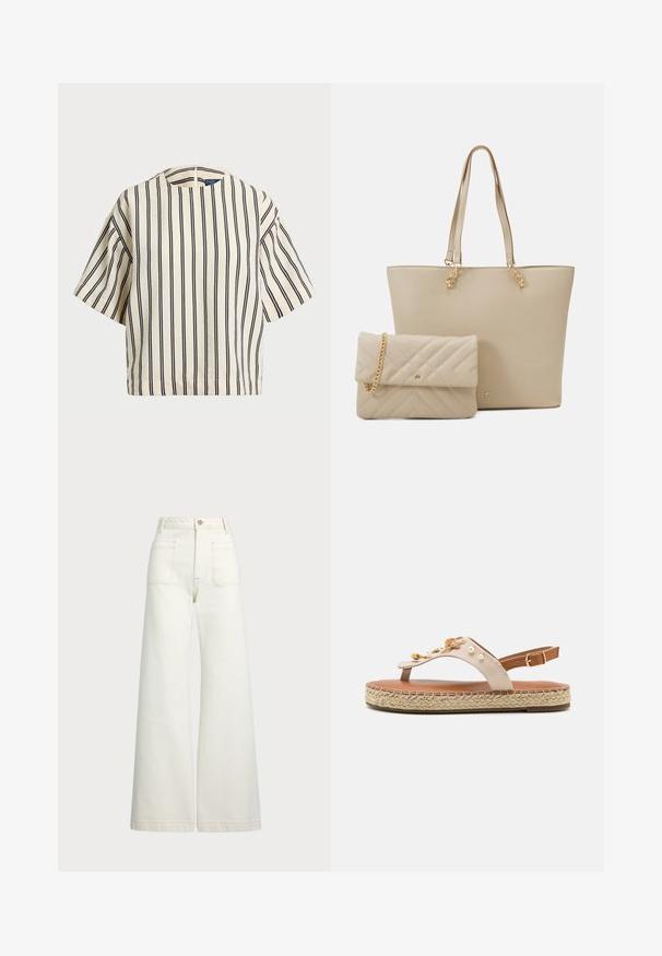 Top de manga corta a rayas en crema y azul marino, con cuello redondo y un diseño cuadrado, confeccionado en una tela texturizada.; Jeans de pierna ancha en denim color blanco roto. Diseño de cintura alta con cierre de botón, dos bolsillos frontales y detalles de costura en contraste.; Sandalia de cuero beige con embellishments de perlas y suela estilo espadrille. Correa en el tobillo ajustable y detalles de yute trenzado en la plataforma.; Bolso de mano beige con asas planas, textura suave y herrajes dorados, acompañado de un clutch acolchado a juego con una cadena.