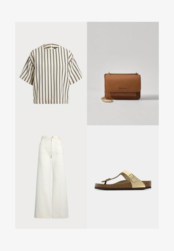 T-shirt à manches courtes, rayé crème et marine, présentant un col rond et un design boxy avec un tissu texturé.; Jeans large en denim écru. Design taille haute avec une fermeture à bouton, deux poches avant et des détails de surpiqûres contrastantes.; Sandale avec semelle en liège de couleur or clair, dotée d'un design à tongs et d'une boucle ajustable. Présente une semelle extérieure texturée pour une meilleure adhérence. Schéma de couleurs neutres.; Sac en cuir texturé marron en bandoulière avec une sangle en chaîne dorée et une fermeture à rabat. L'avant présente un détail de logo et une poche sous le rabat.