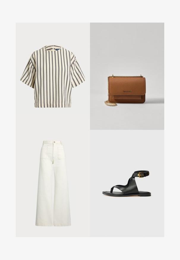 Kurzärmliges, gestreiftes Oberteil in Creme und Marineblau, mit rundem Halsausschnitt und kastiger Form aus strukturiertem Stoff.; Weite Jeans aus off-white Denim. Hoch tailliertes Design mit Knopfverschluss, zwei Fronttaschen und kontrastierenden Stickdetails.; Schwarze Ledersandale mit einem schlanken Design, offener Zehenpartie und verstellbarem Knöchelriemen mit goldfarbener Hardware. Flache Sohle.; Braune strukturierte Ledertasche mit goldener Kettenriemen und Klappenverschluss. Die Vorderseite zeigt ein Logo-Detail und eine Tasche unter der Klappe.