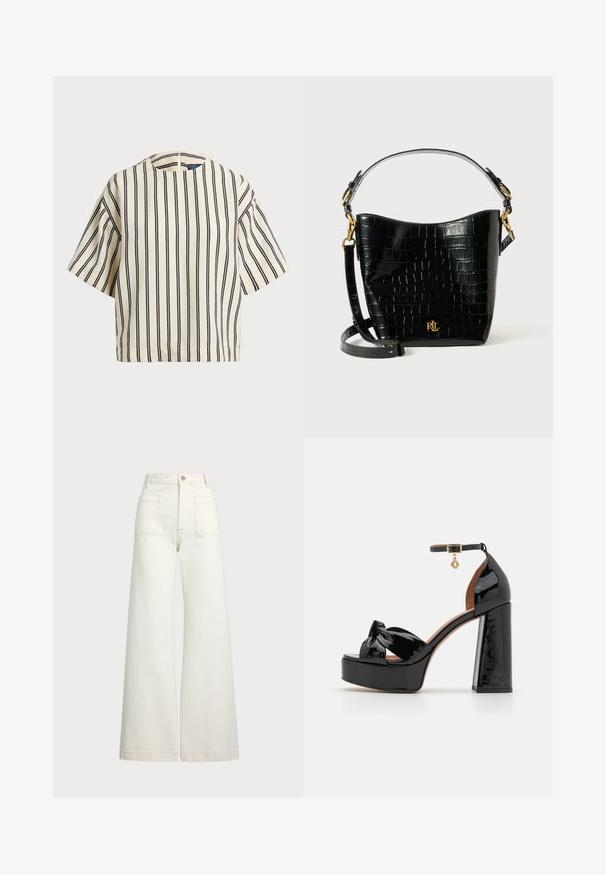 Krátky rukáv, pruhovaný top v krémovej a námorníckej modrej farbe, s okrúhlym výstrihom a štvorcovým strihom z texturovanej tkaniny.; Džínsy s širšími nohavicami v off-white denim. Vysoký pás s gombíkovým zapínaním, dve predné vrecká a kontrastné švy.; Maje Sandále na vysokom opätku - noir; Čierna kabelka z kože s embosovaným hadím vzorom, zakriveného tvaru, so zlatými kovovými doplnkami, nastaviteľným popruhom a detailom loga na prednej strane.