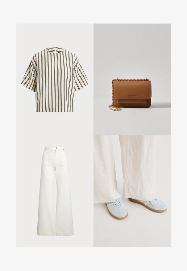 Rövid ujjú, csíkos felső krém és tengerészkék színben, kerek nyakkivágással és dobozos fazonnal, texturált anyagból.; Széles szárú farmernadrág off-white denim anyagból. Magas derekú dizájn, gombos záródással, két elülső zsebbel és kontrasztos varrási részletekkel.; Világoskék velúr sportcipők fehér részletekkel, kerek orral és lapos gumi talppal, krém színű, széles len nadrággal párosítva.; Barna textúrájú bőr keresztbody táska arany lánc pánttal és fedélzárral. Az elején logó részlet és egy zseb található a fedél alatt.