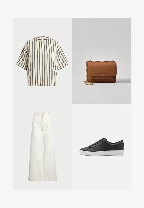 T-skjorte med korte ermer, stripet i kremfarge og marineblå, med rund hals og en boxy design i en strukturert stoff.; Vidde bukser i off-white denim. Høyt liv-design med knappelukking, to frontlommer og kontrastsøm detaljer.; Svart lærersneaker med hvit gummisåle, rund tå, snøring foran og gullhardwaredetaljer på hælen. Teksturert overflate med sømdetaljer.; Brun teksturert lær crossover-veske med gullkjede-stropp og klaffelukking. Fronten har logo-detalj og en lomme under klaffen.