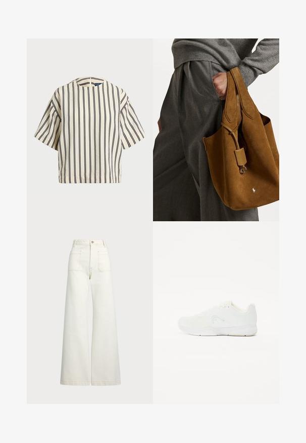 Kratek rokav, prugast top v kremni in mornarsko modri barvi, z okroglim izrezom in kvadratnim dizajnom ter teksturirano tkanino.; Široke jeans hlače v off-white denim tkanini. Visok pas z gumbnim zapiranjem, dvema sprednjima žepoma in detajli kontrastnega šivanja.; Bela atletska obuvala z mrežastim zgornjim delom, vezanjem, zaobljenim nosom in strukturirano gumijasto podplatom z minimalnim blagovnim znakom.; Rjava semišna torba za na rame zaobljene oblike, z dvema ročkama in kovinskim dodatkom. Ima majhen logotip spredaj.