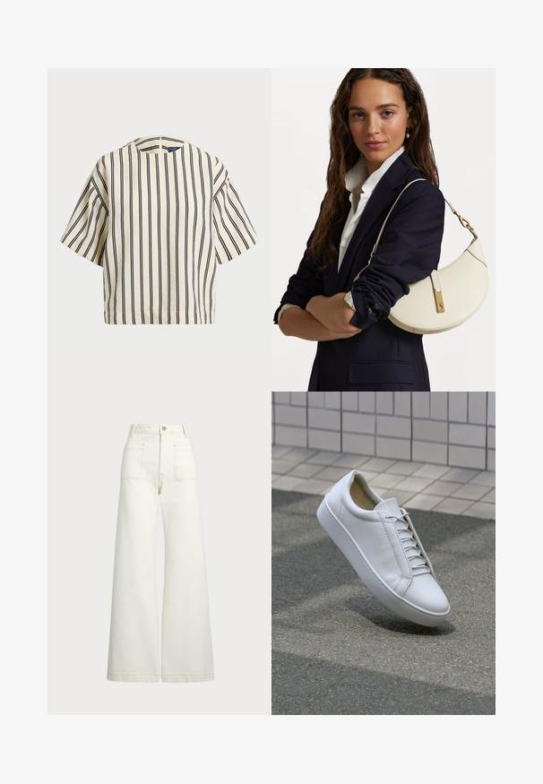 Top a maniche corte a righe in crema e blu navy, con scollatura rotonda e design squadrato, realizzato in un tessuto texturizzato.; Jeans a gamba larga in denim bianco sporco. Design a vita alta con chiusura a bottone, due tasche frontali e dettagli di cucitura a contrasto.; Sneaker bianco in pelle con punta rotonda, suola piatta e sei paia di occhielli. Texture liscia e design minimalista con dettagli di cucitura.; Borsa a mano bianca in pelle con forma curva, accessori in oro e finitura testurizzata, indossata sopra un blazer scuro e una camicia bianca.