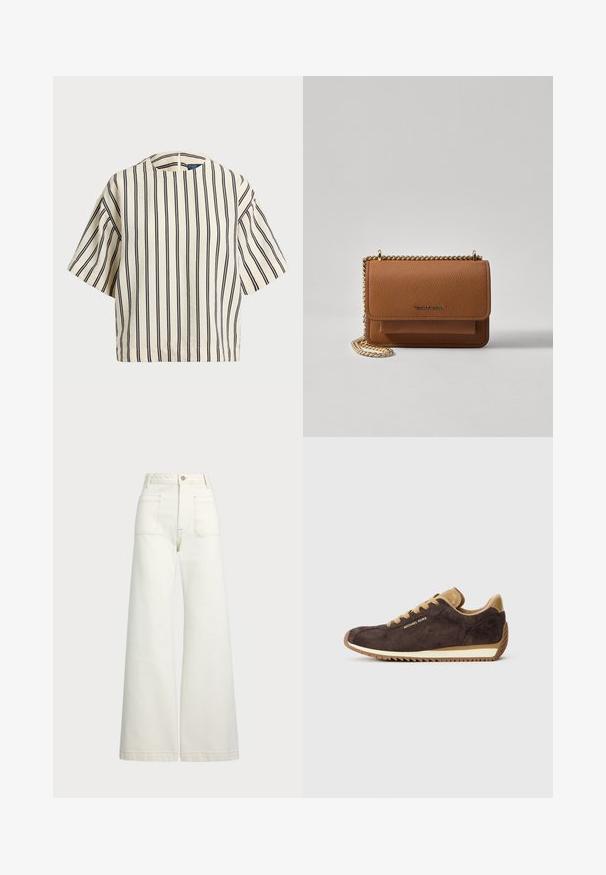 Kratek rokav, prugast top v kremni in mornarsko modri barvi, z okroglim izrezom in kvadratnim dizajnom ter teksturirano tkanino.; Široke jeans hlače v off-white denim tkanini. Visok pas z gumbnim zapiranjem, dvema sprednjima žepoma in detajli kontrastnega šivanja.; Rjave športne copate iz nubuk usnja z naravnimi usnjenimi poudarki, imajo okrogle vezalke, bež gumijast podplat in logotip "Michael Kors" na zunanji strani.; Rjava teksturirana usnjena torba čez ramo z zlatim verižnim trakom in zapiranjem na pokrov. Spredaj je vidna podrobnost logotipa in žep pod pokrovom.