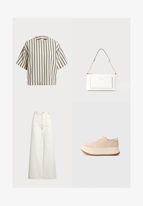 Krótki rękaw, paskowana bluzka w kolorze kremowym i granatowym, z okrągłym dekoltem i pudełkowym krojem, wykonana z fakturowanej tkaniny.; Spodnie dżinsowe o szerokich nogawkach w odcieniu off-white. Wysoki stan z zapięciem na guzik, dwiema kieszeniami z przodu i detalami z kontrastowym przeszyciem.; Różowe zamszowe trampki z zaokrąglonym czubkiem, sznurowanym przodem i platformą. Posiadają teksturowane akcenty oraz kontrastujący kremowy uchwyt na pięcie.; Biała skórzana torebka o teksturowanym wykończeniu, z złotą łańcuszkową rączką i czarnymi akcentami. Zawiera przednią kieszeń oraz zamek błyskawiczny.