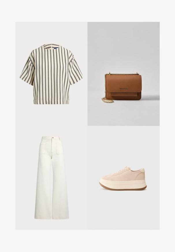 Kortærmet, stribet top i creme og marineblå, med rund halsudskæring og boxy design i et tekstureret stof.; Pæne brede jeans i off-white denim. Høj talje med knaplukning, to forlommer og detaljer med kontrastsyning.; Lyserød ruskinds sneaker med rund tå, snørebånd foran og platform sål. Har teksturerede accenter og en kontrastfarvet creme hælflap.; Brun tekstureret læder crossover-taske med guldkæde-rem og klaplukning. Forsiden har logo-detalje og en lomme under klappen.