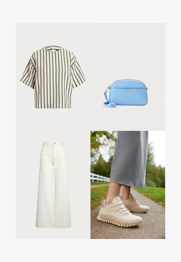 Kurzärmliges, gestreiftes Oberteil in Creme und Marineblau, mit rundem Halsausschnitt und kastiger Form aus strukturiertem Stoff.; Weite Jeans aus off-white Denim. Hoch tailliertes Design mit Knopfverschluss, zwei Fronttaschen und kontrastierenden Stickdetails.; Cremfarbene Sneakers aus strukturiertem Leder, mit abgerundetem Zehenbereich und flexibler, gerippter Sohle. Verfügt über graue Akzente und ein schnürbares Design.; Hellblaues Leder-Crossbody-Bag mit goldfarbenen Beschlägen, Reißverschluss und einer Fronttasche. Verfügt über einen verstellbaren Riemen für zusätzlichen Komfort.