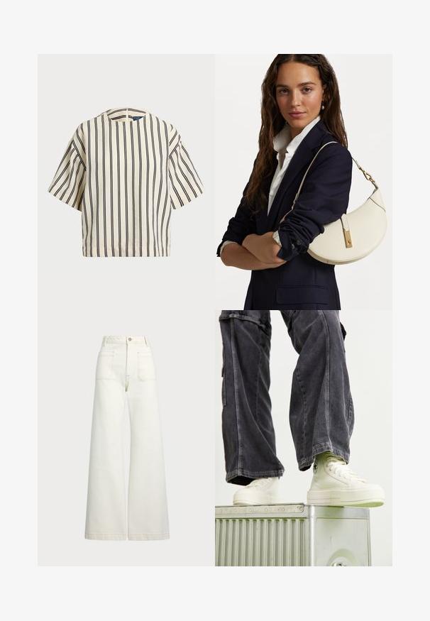 Kreemjas ja tumesinises triibuline lühikeste varrukatega top, millel on ümmargune kaelus ja kastmine disain, valmistatud tekstuurses kangas.; Laiad teksad heledast denimist. Kõrge vöökoht, nööbivöö, kaks esikotitäit ja kontrastsed õmblused.; Küljelt kõrgendatud tossud heledas valges kanepikangas, kummitaldadega, detailse õmblusega ja ringikujulise logoga, kombineeritud tumehallide laia jala cargo-pükstega.; Valge nahast käekott kumerate kujunditega, kuldsete detailide ja tekstuuriga viimistlusega, kanda tumesinise bleiseri ja valge särgiga.