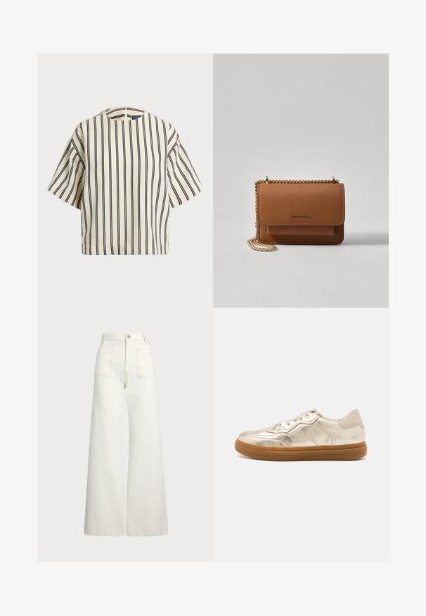 Krótki rękaw, paskowana bluzka w kolorze kremowym i granatowym, z okrągłym dekoltem i pudełkowym krojem, wykonana z fakturowanej tkaniny.; Spodnie dżinsowe o szerokich nogawkach w odcieniu off-white. Wysoki stan z zapięciem na guzik, dwiema kieszeniami z przodu i detalami z kontrastowym przeszyciem.; Metaliczne złote sneakersy o gładkim wykończeniu, z gumową podeszwą, sznurowanym przodem oraz subtelnymi perforacjami na palcach.; Brązowa skórzana torba na ramię z teksturą, z złotym łańcuszkiem i zapięciem na klapkę. Z przodu znajduje się detal z logo oraz kieszeń pod klapką.