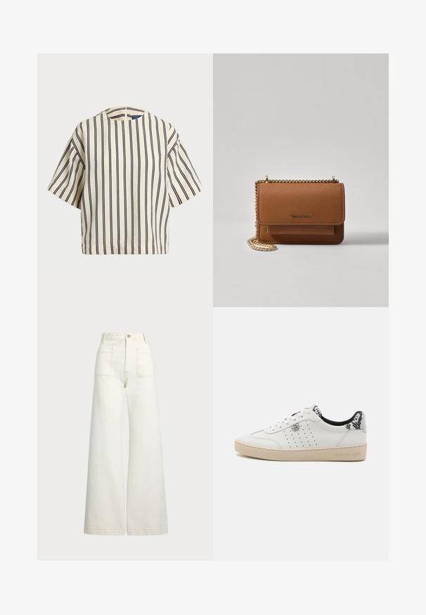 Kreemjas ja tumesinises triibuline lühikeste varrukatega top, millel on ümmargune kaelus ja kastmine disain, valmistatud tekstuurses kangas.; Laiad teksad heledast denimist. Kõrge vöökoht, nööbivöö, kaks esikotitäit ja kontrastsed õmblused.; Valge nahast spordijalats perforatsioonide ja musta ja halli tekstuuriga detailidega, beezist kummist tallaga. Omab paelu ja logo.; Pruun tekstureeritud nahk ristkeha kott kuldse ahelaga rihmaga ja klapiga sulgemine. Esiküljel on logo detail ja tasku klapi all.