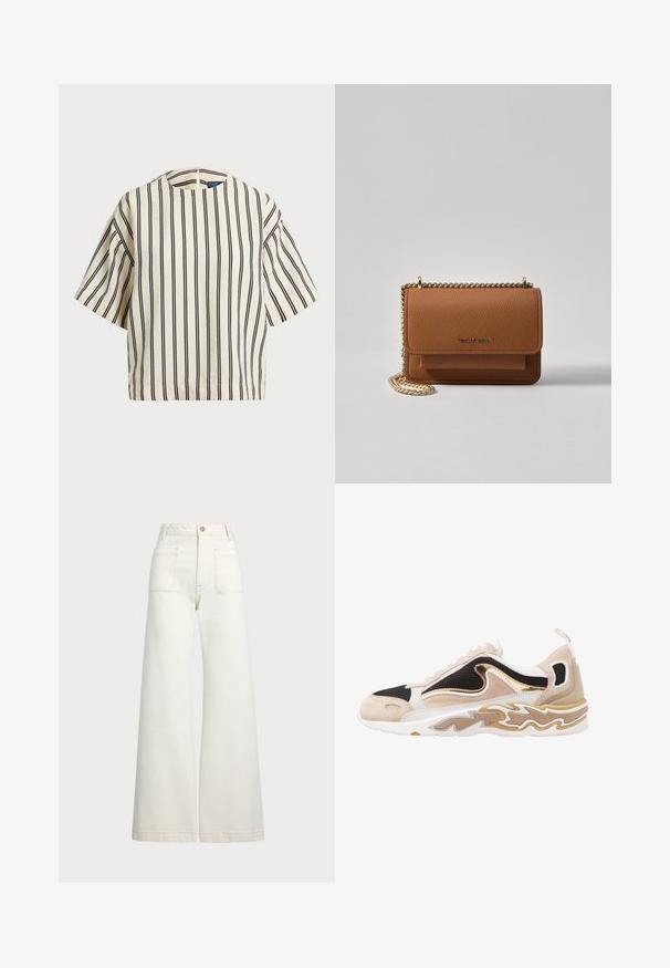 Kortærmet, stribet top i creme og marineblå, med rund halsudskæring og boxy design i et tekstureret stof.; Pæne brede jeans i off-white denim. Høj talje med knaplukning, to forlommer og detaljer med kontrastsyning.; Sneaker med en overdel i sort mesh, tan nubuck-detaljer og en guldmetallic detalje. Har en hvid sål med et bølgemønster.; Brun tekstureret læder crossover-taske med guldkæde-rem og klaplukning. Forsiden har logo-detalje og en lomme under klappen.