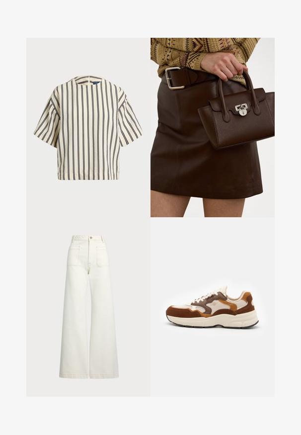 Short-sleeve, striped top in cream and navy, featuring a round neckline and boxy design with a textured fabric.; Wide-leg jeans in off-white denim. High-waisted design with a button closure, two front pockets, and contrast stitching details.; Sneaker with a beige mesh upper, brown and tan suede accents, and a thick cream sole. Features laces and a textured design on the side.; Brown leather handbag with a textured finish and silver hardware, held with a hand beside a brown leather skirt and patterned sweater.