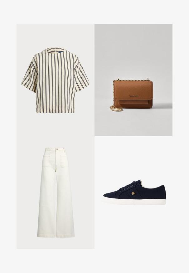 Top de manga curta, riscado em creme e azul marinho, com decote redondo e design boxy em tecido texturizado.; Jeans de perna larga em denim off-white. Design de cintura alta com fecho de botão, dois bolsos frontais e detalhes de costura em contraste.; Lauren Ralph Lauren JANSON II CANVAS SNEAKER - Sapatilhas - navy; Bolsa crossbody de couro texturizado castanho com alça de corrente dourada e fecho com aba. A parte da frente apresenta detalhe do logótipo e um bolso sob a aba.