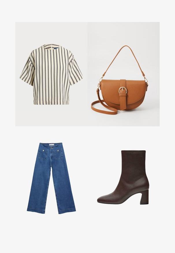 Krótki rękaw, paskowana bluzka w kolorze kremowym i granatowym, z okrągłym dekoltem i pudełkowym krojem, wykonana z fakturowanej tkaniny.; Jeans dżinsowe o szerokich nogawkach w średnim niebieskim odcieniu, z dwiema przednimi kieszeniami zapinanymi na guziki oraz przeszyciami wzdłuż dołów nogawek.; Brązowe skórzane botki za kostkę o dopasowanym fasonie, w szpic, z masywnym wysokim obcasem. Gładka tekstura i subtelne detale przeszycia na górze.; Brązowa skórzana torba na ramię o zaokrąglonym kształcie, ze złotymi akcentami i zapięciem w formie klamry. Posiada odpinany pasek na ramię.