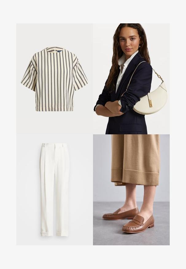 Kreminės ir tamsiai mėlynos juostelės trumpų rankovių marškinėliai, turi apvalų iškirpimą ir dėžutės tipo dizainą, pagaminti iš tekstūruotos medžiagos.; Balti pritaikyti kelniai su dviem priekinėmis raukšlėmis, tiesaus kirpimo ir sulenktais apvadu. Pagaminti iš lygaus audinio, pasižymi klasikinio dizaino ypatybėmis.; MICHAEL Michael Kors CARLSON LOAFER - Įmautiniai batai - brown; Balta odinė rankinė, lenkto dizaino, su auksiniais elementais ir tekstūruota apdaila, dėvima su tamsiu švarku ir baltu marškiniu.